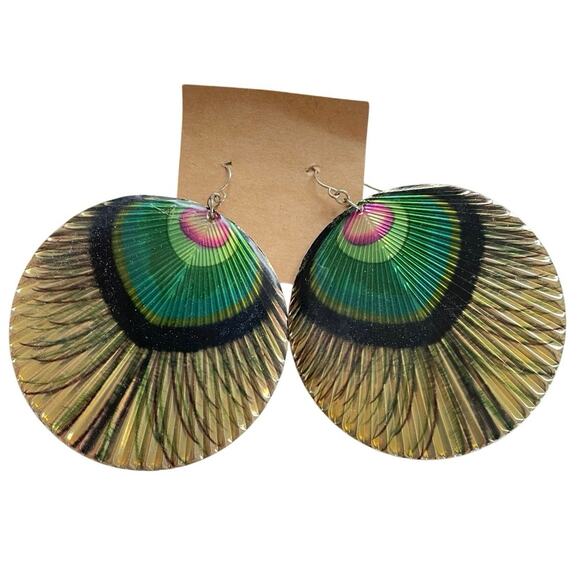 Vintage Oversized Peacock Disk Earrings Maximalist Glam Drag 60s 70s Gold - Picture 1 of 5